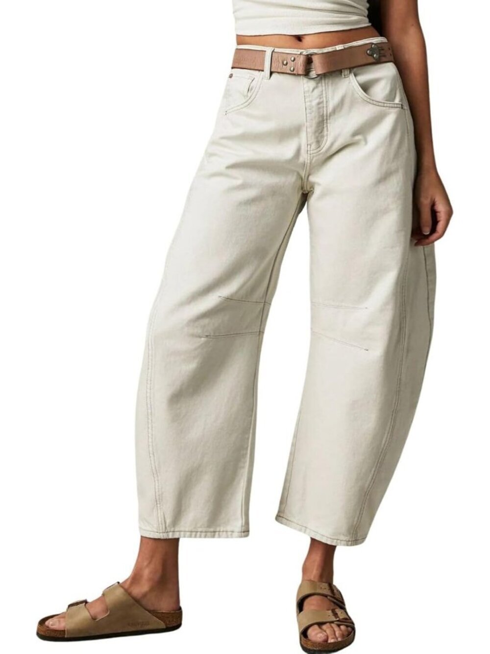 Women's Ivory Stretchy Mid Rise Barrel Jeans Vintage Loose Wide Leg Jeans